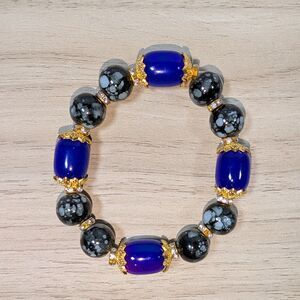 Blue Black Beaded Stretch Bracelet Snowflake Obsidian Style Gold Tone